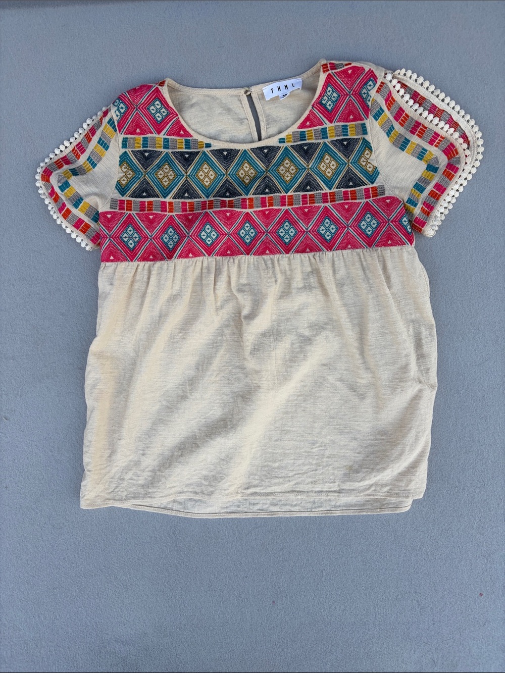 THML Cream Top with Pink and Teal Embroidered Yoke